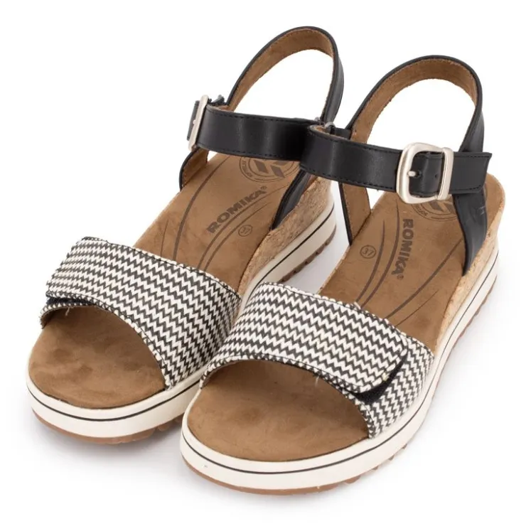 ROMIKA Sandales compensées imprimé graphique à scratch semelle liège black Femme NOIR Clearance