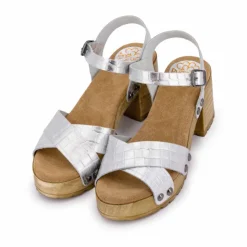 PORRONET Sandales cuir croco brillant avec boucle talons effet bois Femme ARGENT Best