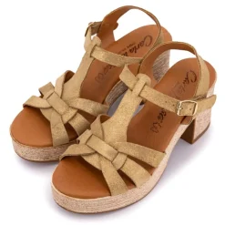 CARLA TORTOSA Sandales cuir kaki serraje avec talon compensé Femme OR Sale