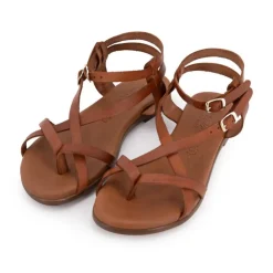 CARLA TORTOSA Sandales plates cuir platino à boucles Femme MARRON New