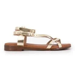 CARLA TORTOSA Sandales plates cuir platino à boucles Femme OR New