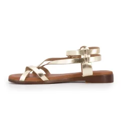 CARLA TORTOSA Sandales plates cuir platino à boucles Femme OR New