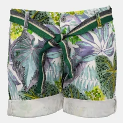 PLEASE Short avec ceinture à revers imprimé plantes tropicales Femme VERT Clearance