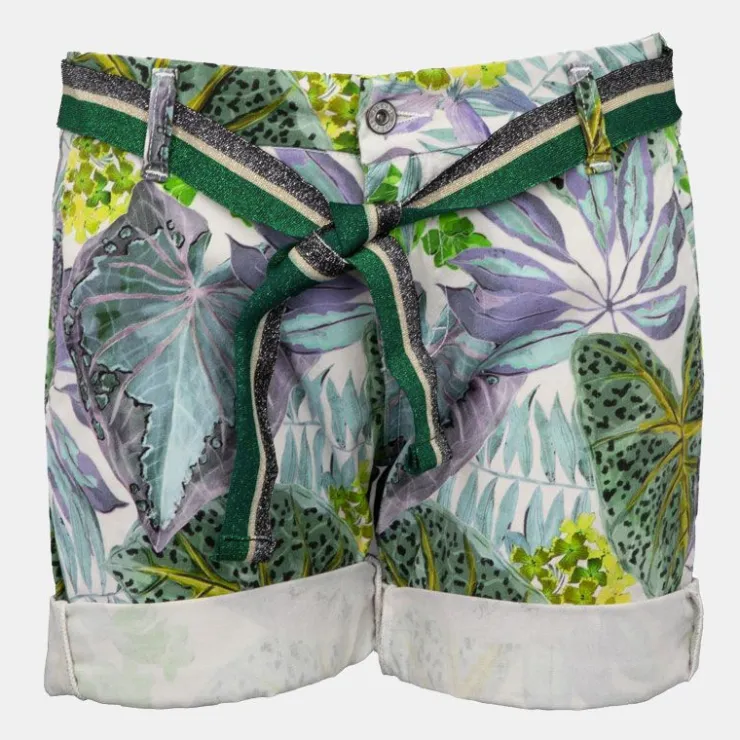 PLEASE Short avec ceinture à revers imprimé plantes tropicales Femme VERT Clearance