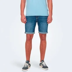ONLY AND SONS Short denim regular délavé Homme BLEU FONCE Sale