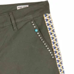 HAPPY Short honeystud galons habillé coton doux ourlets à pince Femme KAKI New