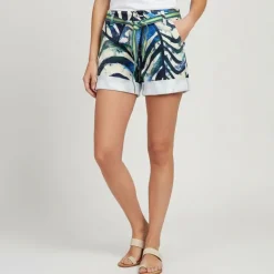 PLEASE Short unbleached motif palmier avec ceinture brillante Femme BLEU Outlet