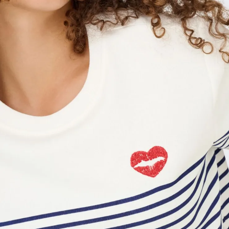 ONLY Sweat col rond à rayures avec imprimé coeur Femme BLEU FONCE Sale