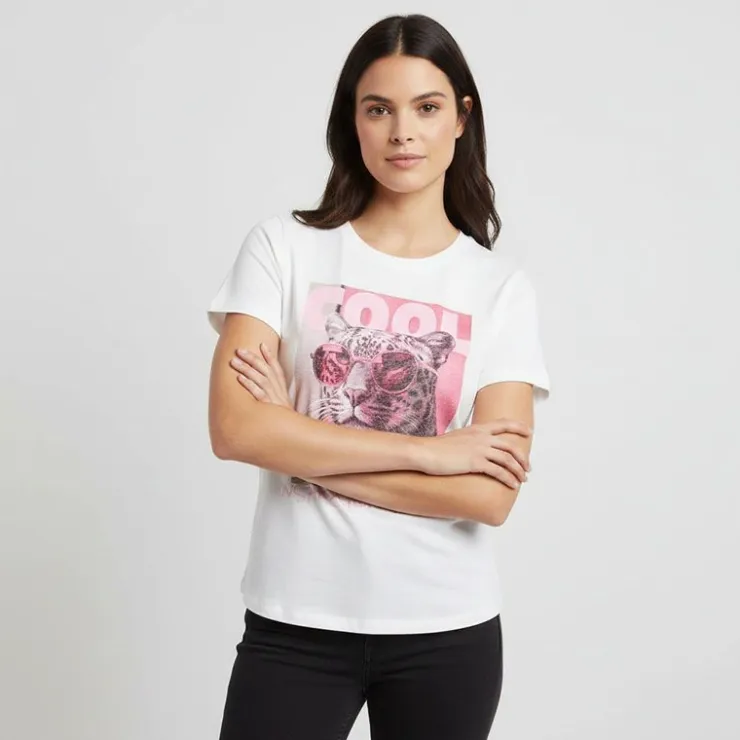 ONLY Tee shirt basique hariettte impression léopard Femme BLANC New