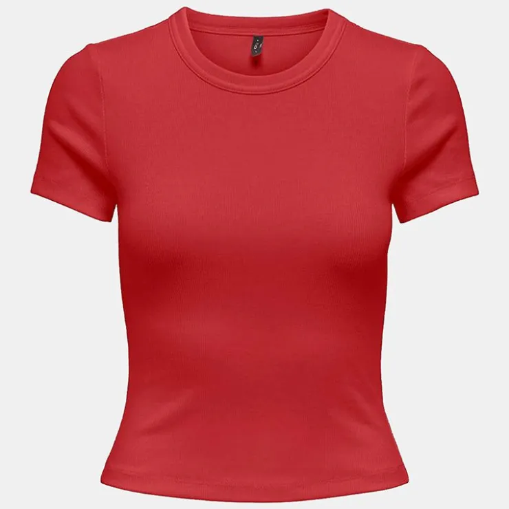 ONLY Tee shirt basique col rond coton bio Femme ROUGE New