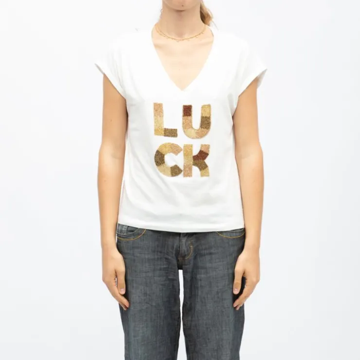 DEELUXE 74 Tee shirt col v Luck brodé coloré Femme BLANC Sale