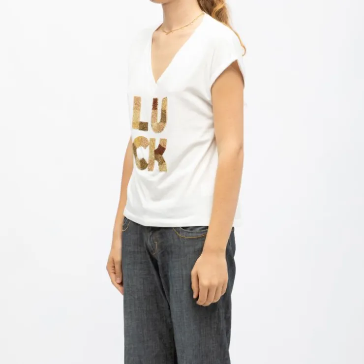 DEELUXE 74 Tee shirt col v Luck brodé coloré Femme BLANC Sale