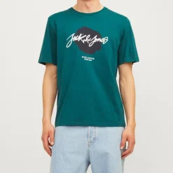 JACK & JONES Tee shirt bleu canard coton col ras de cou imprimé cercle noir et texte blanc Homme VERT FONCE Sale