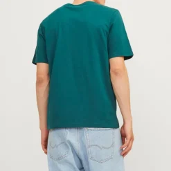 JACK & JONES Tee shirt bleu canard coton col ras de cou imprimé cercle noir et texte blanc Homme VERT FONCE Sale