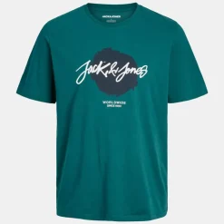 JACK & JONES Tee shirt bleu canard coton col ras de cou imprimé cercle noir et texte blanc Homme VERT FONCE Sale