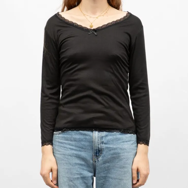 RODIER Tee shirt chaud col V à dentelle kalou Femme NOIR