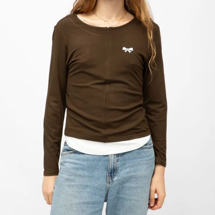 BURTON OF LONDON Tee shirt col bateau aliona avec zip noeud brodé Femme MARRON FONCE Discount