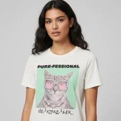 ONLY Tee shirt col rond hariettte avec chat à lunettes Femme BLANC