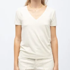 LA PETITE ETOILE Tee shirt col v ecru rayé dore kayla Femme BLANC ECRU New