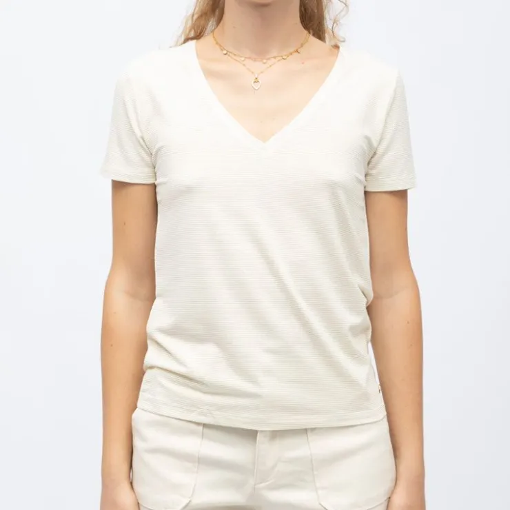 LA PETITE ETOILE Tee shirt col v ecru rayé dore kayla Femme BLANC ECRU New