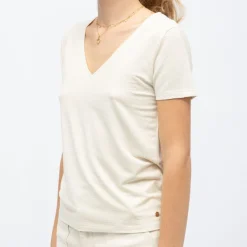 LA PETITE ETOILE Tee shirt col v ecru rayé dore kayla Femme BLANC ECRU New