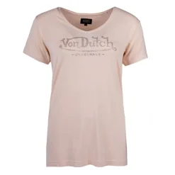 VON DUTCH Tee shirt col V fluide strass logo Femme SAUMON Hot