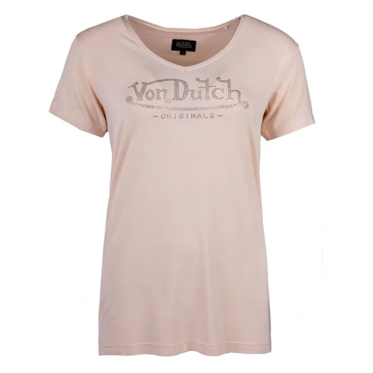 VON DUTCH Tee shirt col V fluide strass logo Femme SAUMON Hot
