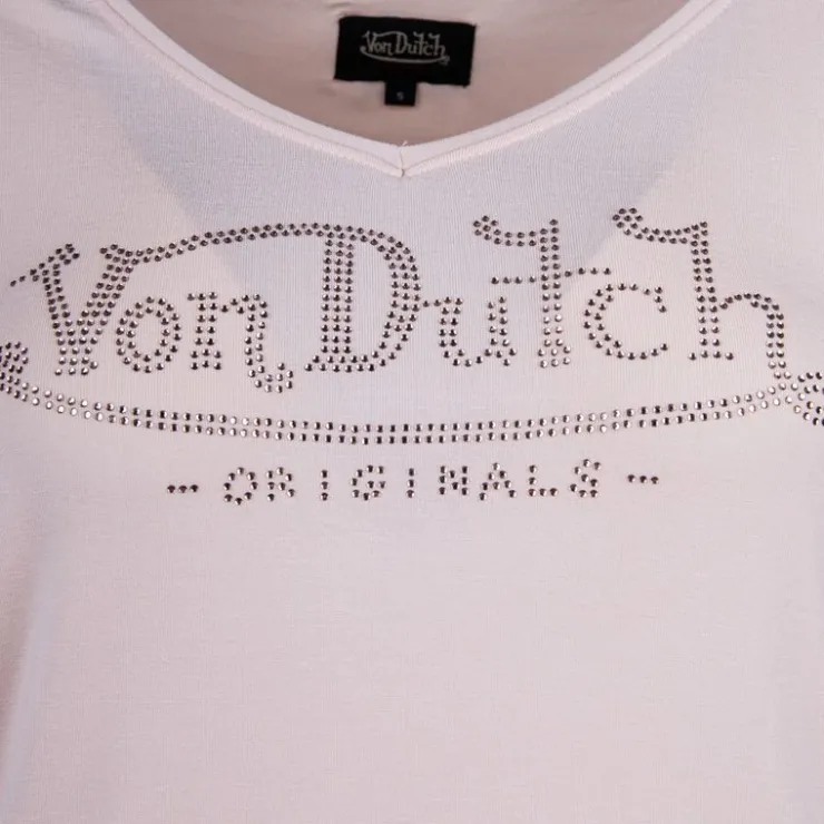 VON DUTCH Tee shirt col V fluide strass logo Femme SAUMON Hot