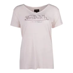VON DUTCH Tee shirt col V fluide strass logo Femme ROSE CLAIR Discount