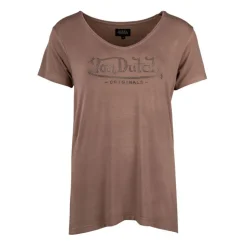 VON DUTCH Tee shirt col V fluide strass logo Femme MARRON Hot