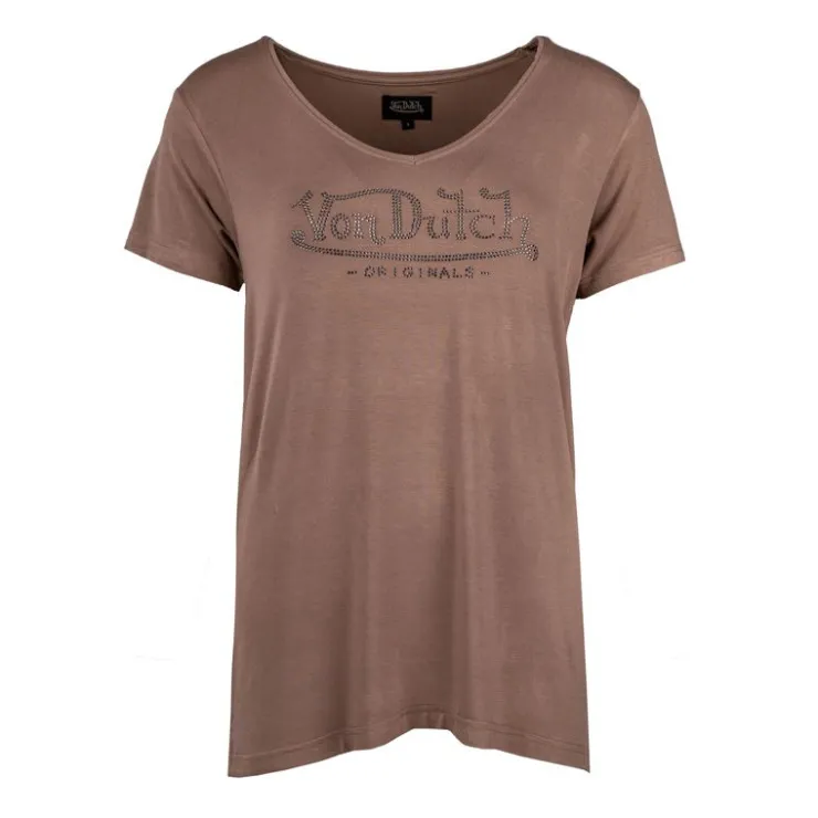 VON DUTCH Tee shirt col V fluide strass logo Femme MARRON Hot