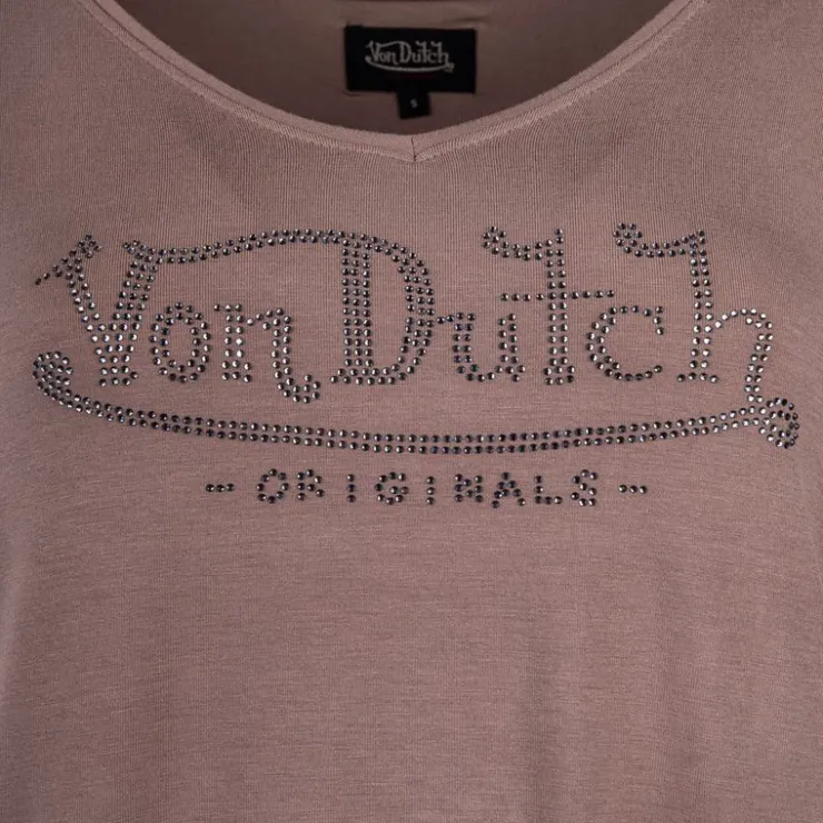 VON DUTCH Tee shirt col V fluide strass logo Femme MARRON Hot