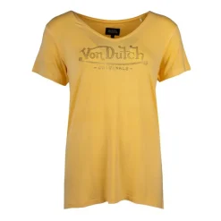 VON DUTCH Tee shirt col V fluide strass logo Femme JAUNE Hot