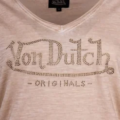 VON DUTCH Tee shirt col v strass logo chiné Femme BEIGE New