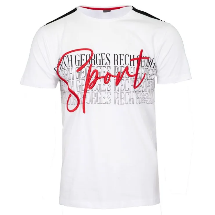 GEORGES RECH Tee shirt coton bandes épaules texte Sport brodé Homme BLANC Sale