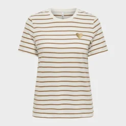 ONLY Tee shirt coton bio Liva marinière avec coeur argenté Femme BLANC Discount