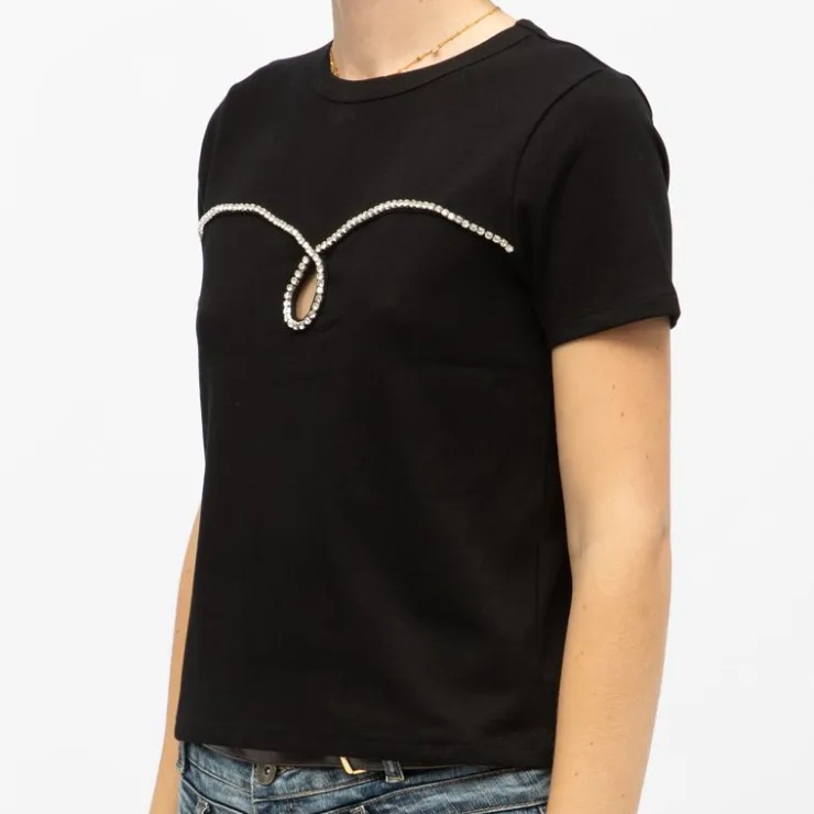 LA PETITE ETOILE Tee shirt coton twila à strass avec ouverture avant Femme NOIR