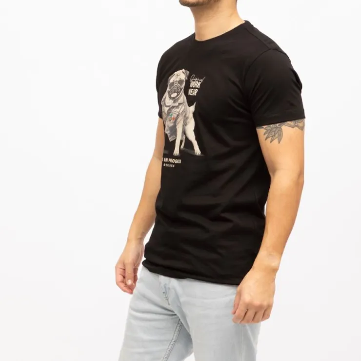 DEELUXE 74 Tee shirt coton uni doggy imprimé carlin Homme NOIR New
