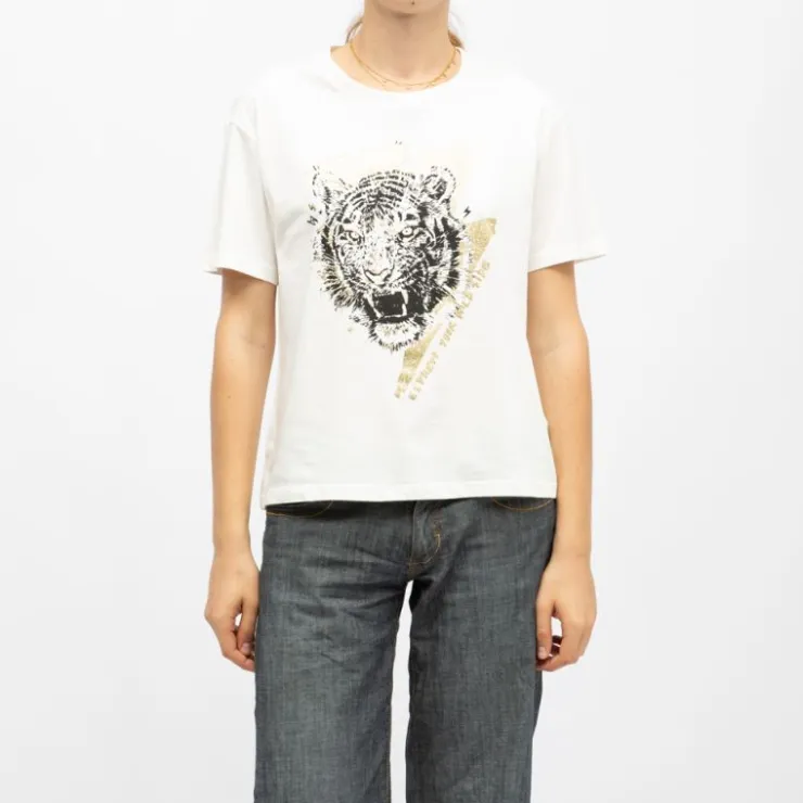DEELUXE 74 Tee shirt crème imprimé tigre Femme BLANC ECRU New