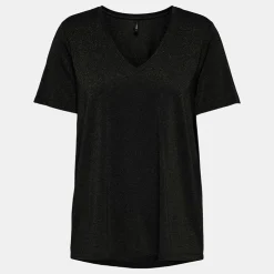 ONLY Tee shirt harly pailleté regular col v Femme NOIR Sale