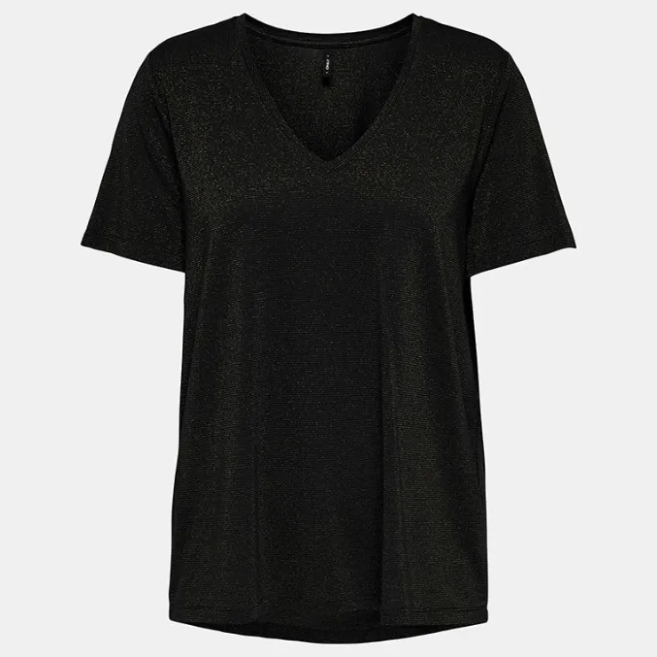 ONLY Tee shirt harly pailleté regular col v Femme NOIR Sale