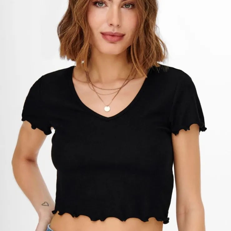 ONLY Tee shirt kika crop top col v Femme NOIR Discount