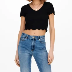 ONLY Tee shirt kika crop top col v Femme NOIR Discount