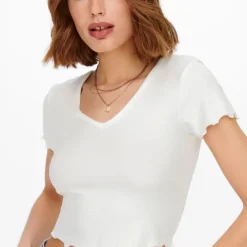 ONLY Tee shirt kika crop top col v Femme BLANC