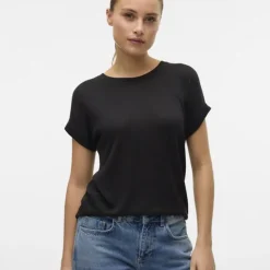 VERO MODA Tee shirt manches courtes à revers maille fine col rond Brianna Femme NOIR Discount