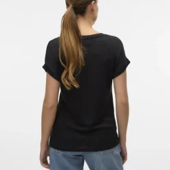 VERO MODA Tee shirt manches courtes à revers maille fine col rond Brianna Femme NOIR Discount