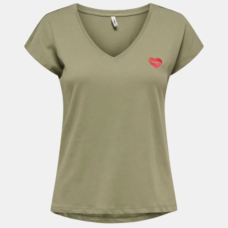 ONLY Tee shirt manches courtes col V bouche coeur brodé onlamber Femme KAKI Sale