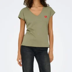 ONLY Tee shirt manches courtes col V bouche coeur brodé onlamber Femme KAKI Sale