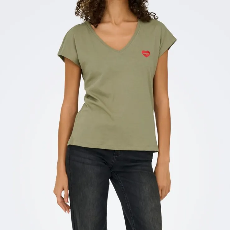 ONLY Tee shirt manches courtes col V bouche coeur brodé onlamber Femme KAKI Sale