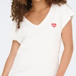 ONLY Tee shirt manches courtes col V bouche coeur brodé onlamber Femme BLANC Clearance